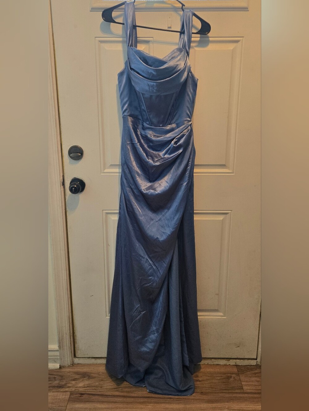 Dusty Slate Blue Satin Cowl Neck Corset Lace-Up Gown